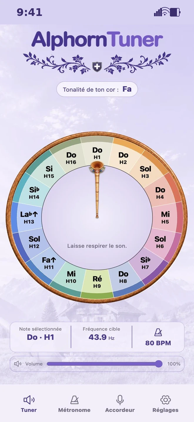 Touche une harmonique pour écouter un vrai son de cor des Alpes. Prends le temps de l’entendre, puis joue à ton tour.